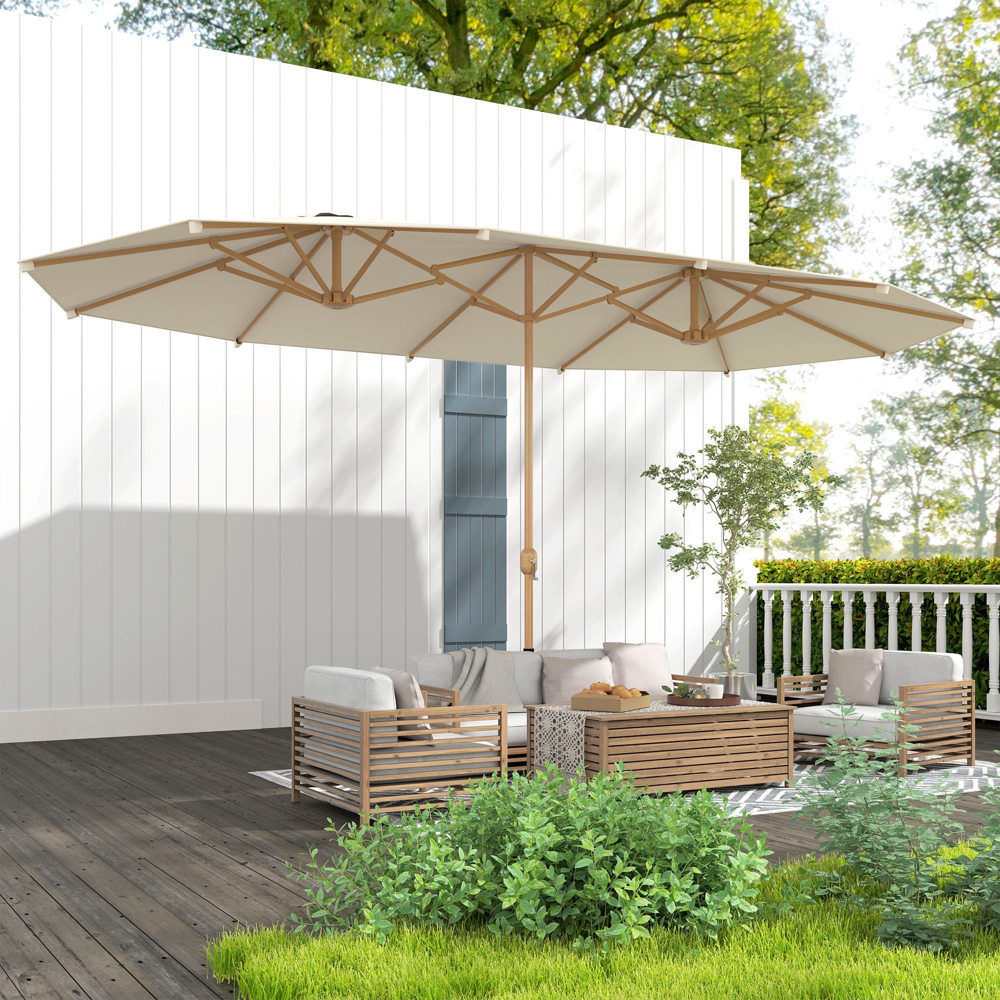 Sombrilla Doble 4,55x2,65 m Sombrilla Terraza Exterior con Manivela Manual Resistente al Agua y Protección Solar Sombrilla Grande para Terraza Playa Piscina Crema
