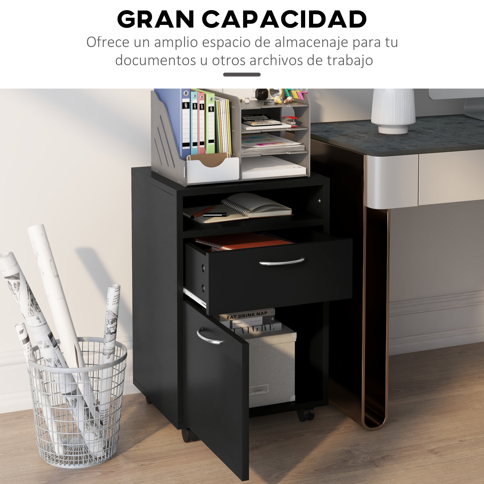 Cajonera de Oficina Móvil con Cajón y Gabinete Mueble Archivador con Ruedas Soporte de Impresora para Estudio 40x35x60 cm Negro