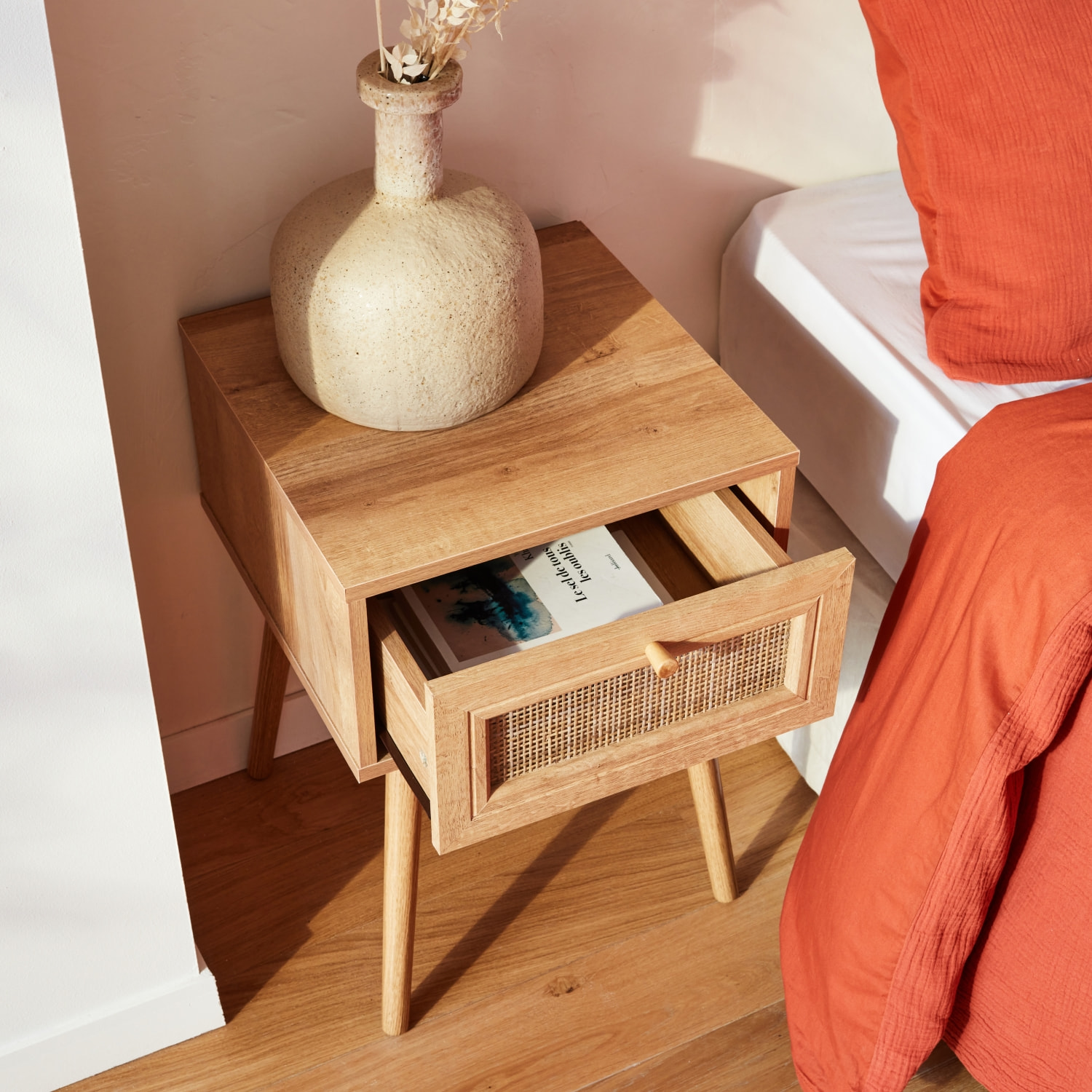 Table de chevet décor bois et cannage 1 tiroir BOHÈME
