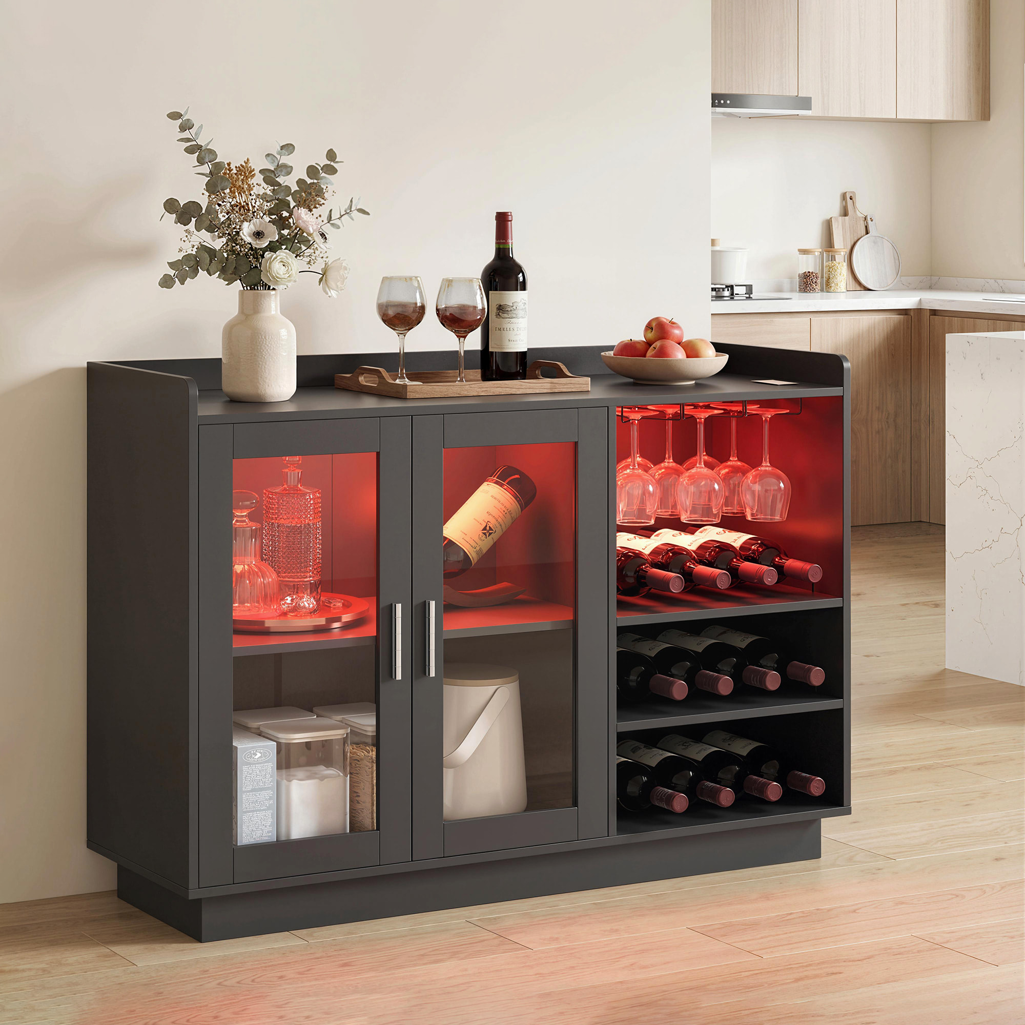 Mueble de Bar, Armario Buffet para Vinos con Luces LED RGB y Botellero para 12 Botellas, Aparador de Cocina con Estante Ajustable y Puertas de Cierre Suave, para Comedor, Salón, Negro