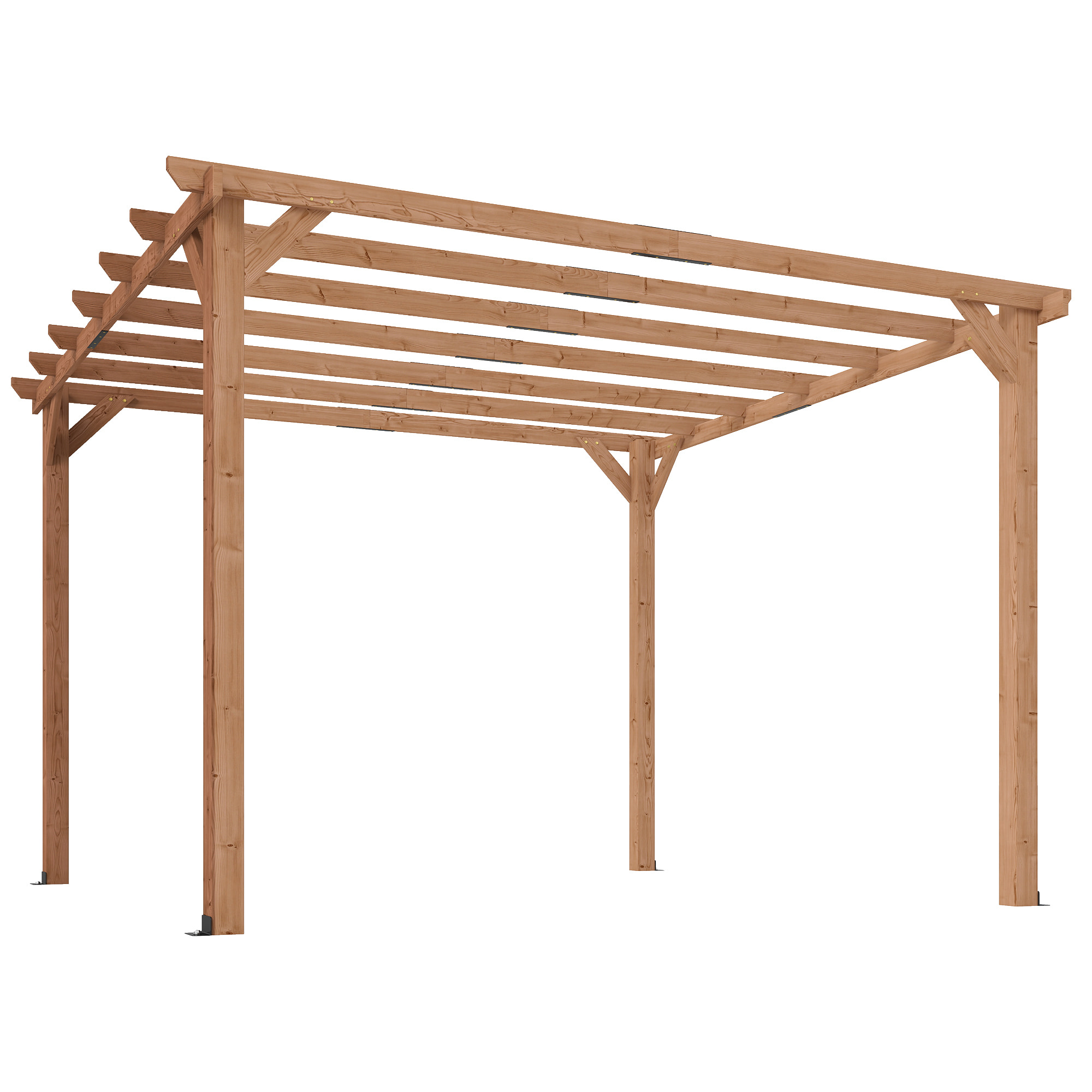 Pergola bois autoportante 9 m² - toit chevrons lattes espacées - bois verni
