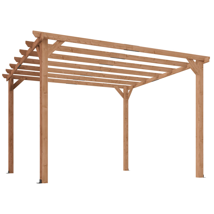 Pergola bois autoportante 9 m² - toit chevrons lattes espacées - bois verni