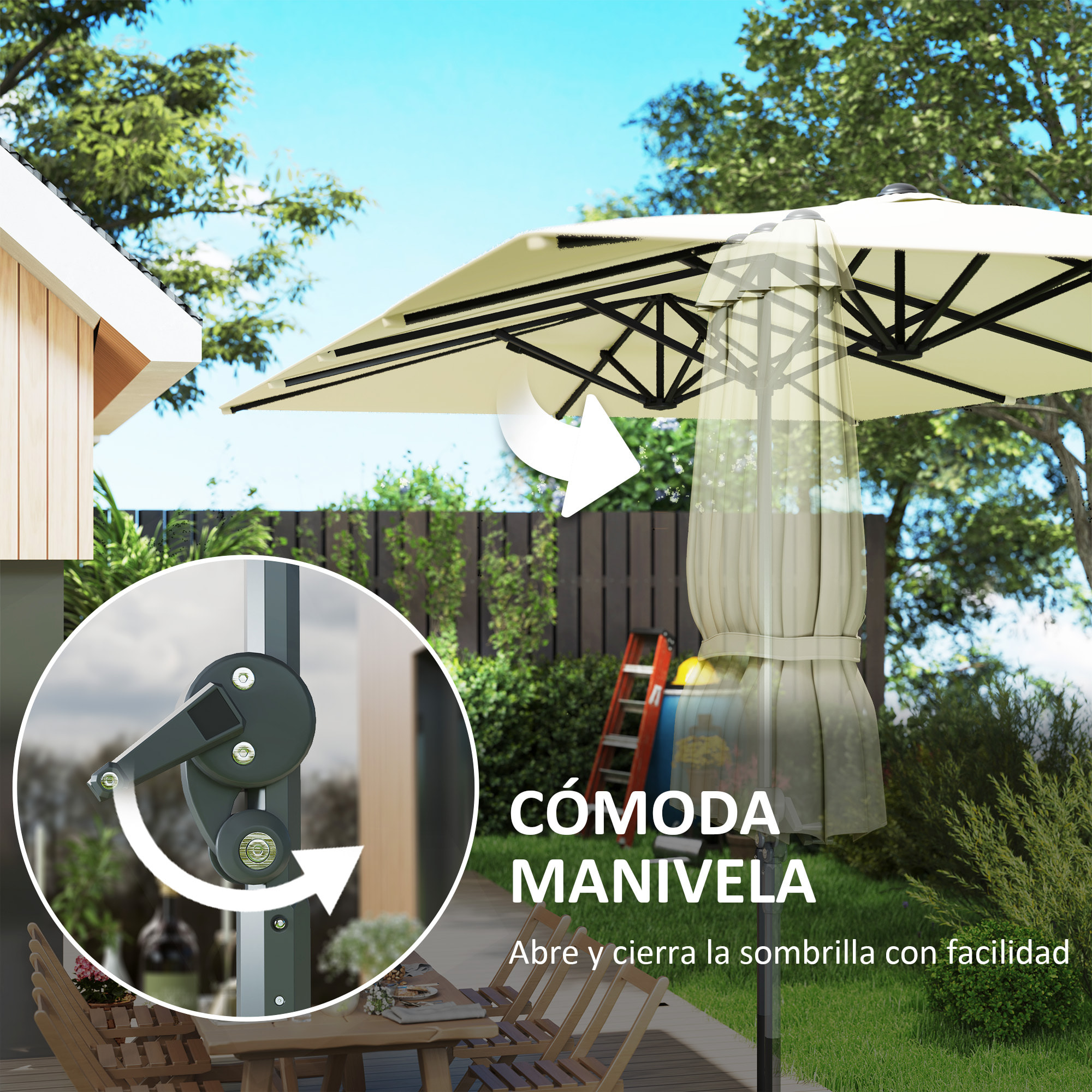 Sombrilla Doble 4,5x2,6 m Sombrilla Terraza Exterior con Manivela Poste de Aluminio Impermeable y Protección UV50+ Parasol Grande para Terraza Playa Piscina Crema