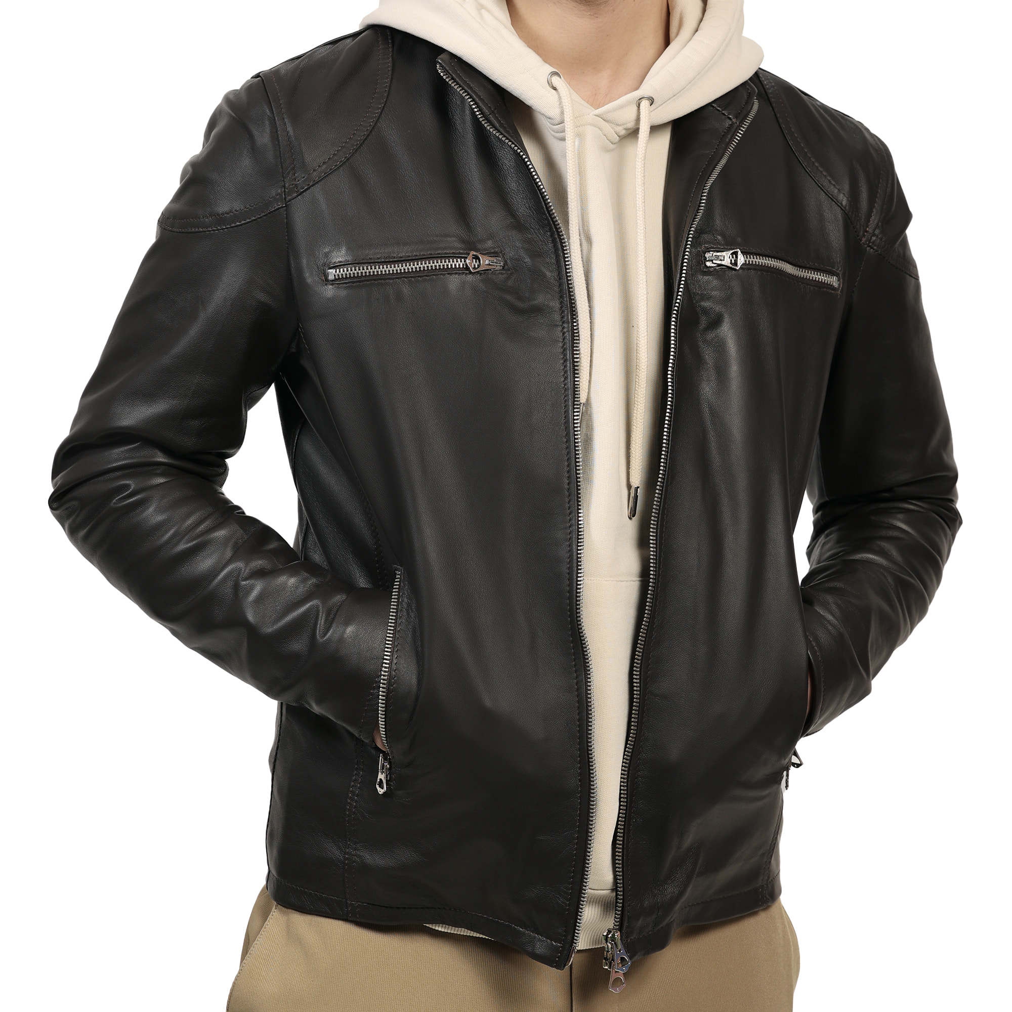 Giubbino in pelle di vitello nappa Marrone-Slim Fit