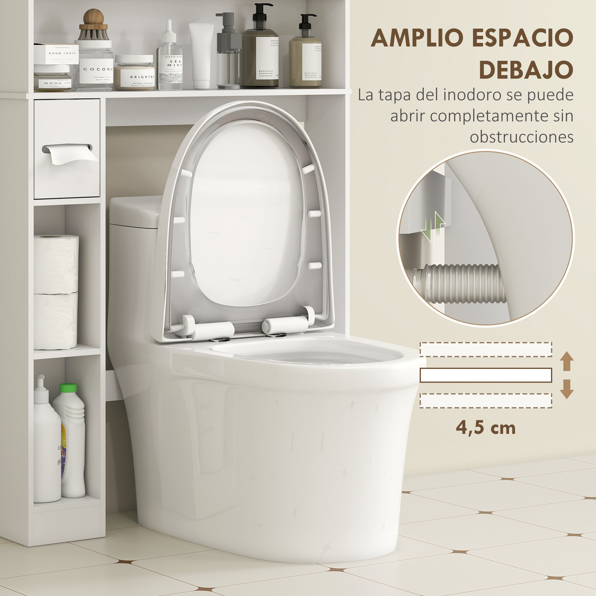 Estantería sobre Inodoro Mueble sobre Inodoro con Estante Ajustable 2 Puertas Soporte para Papel Higiénico y Estantes Abiertos Ahorra Espacio Armario para lavadora para Baño Blanco