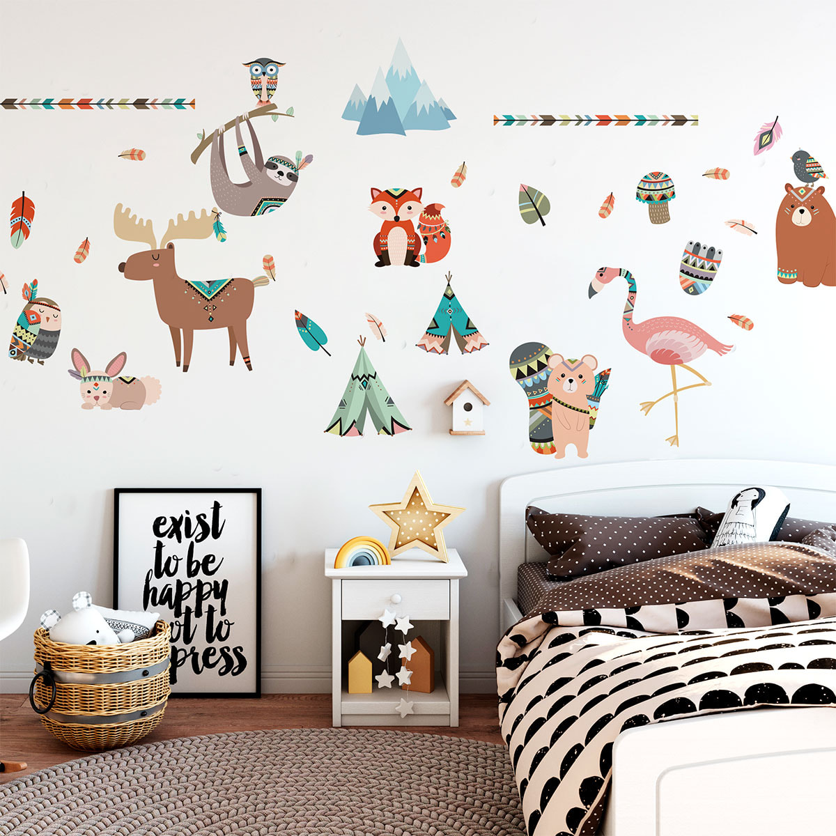 Stickers muraux enfants - Décoration chambre bébé - Autocollant Sticker mural géant enfant montagnes scandinaves ANIMAUX DES MONTAGNES ET PLUMES INDIENNES