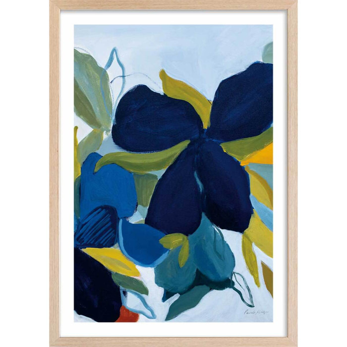 Poster fleurs bleues Affiche + cadre en bois - Chêne