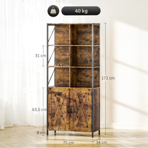 Librería de 6 Niveles, Estantería de Libros Organizador con 6 Compartimentos Abiertos, 2 Puertas y Estante Ajustable, Estilo Industrial para Salón Oficina Dormitorio 75x34x172 cm Marrón Rústico