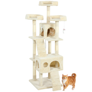 Árbol Rascador para Gatos, Árbol para Gatos 153 cm, Torre Escalador con 2 Cuevas, 3 Camas, 2 Rampas, Postes de Sisal, 2 Ratones Colgantes, Crema