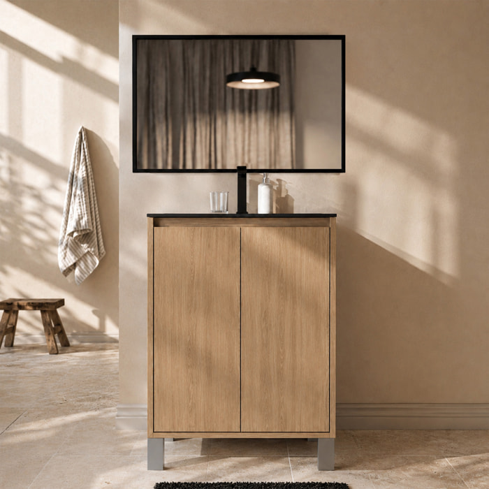 Meuble de Salle de Bains 50cm 2 portes Chêne Clair, Vasque Noire et Miroir Cadre Noir 50x70 - XENOS