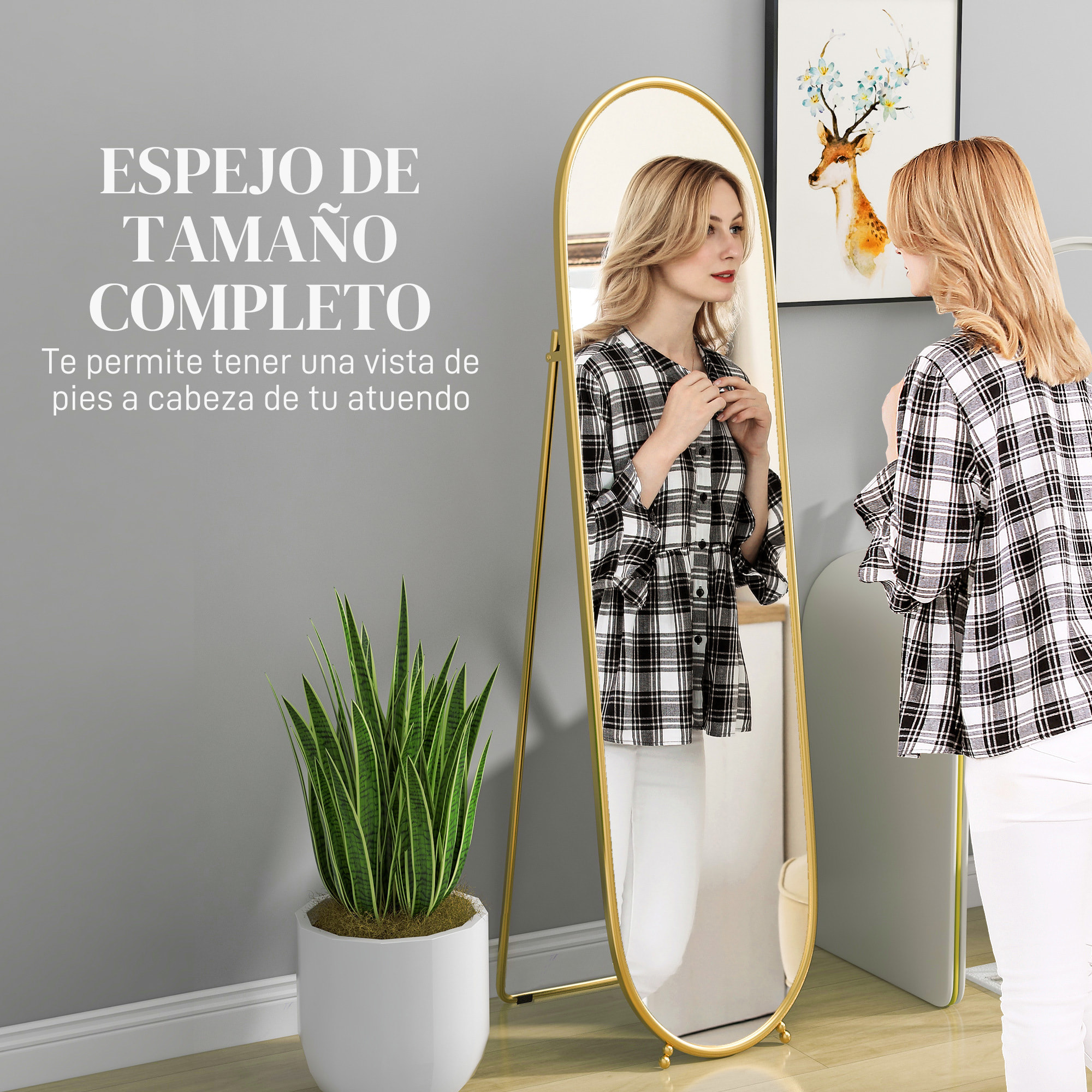Espejo de Pie Cuerpo Entero Ovalado 160x40 cm, Espejo de Cuerpo Entero con Soporte, 2 Formas de Uso, Independiente y Apoyado, para Salón, Entrada, Dormitorio, Dorado