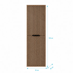 Meuble Colonne 2 Portes avec Façades Crantées Décor Chêne et Noir - 35x30x120cm - YUKI