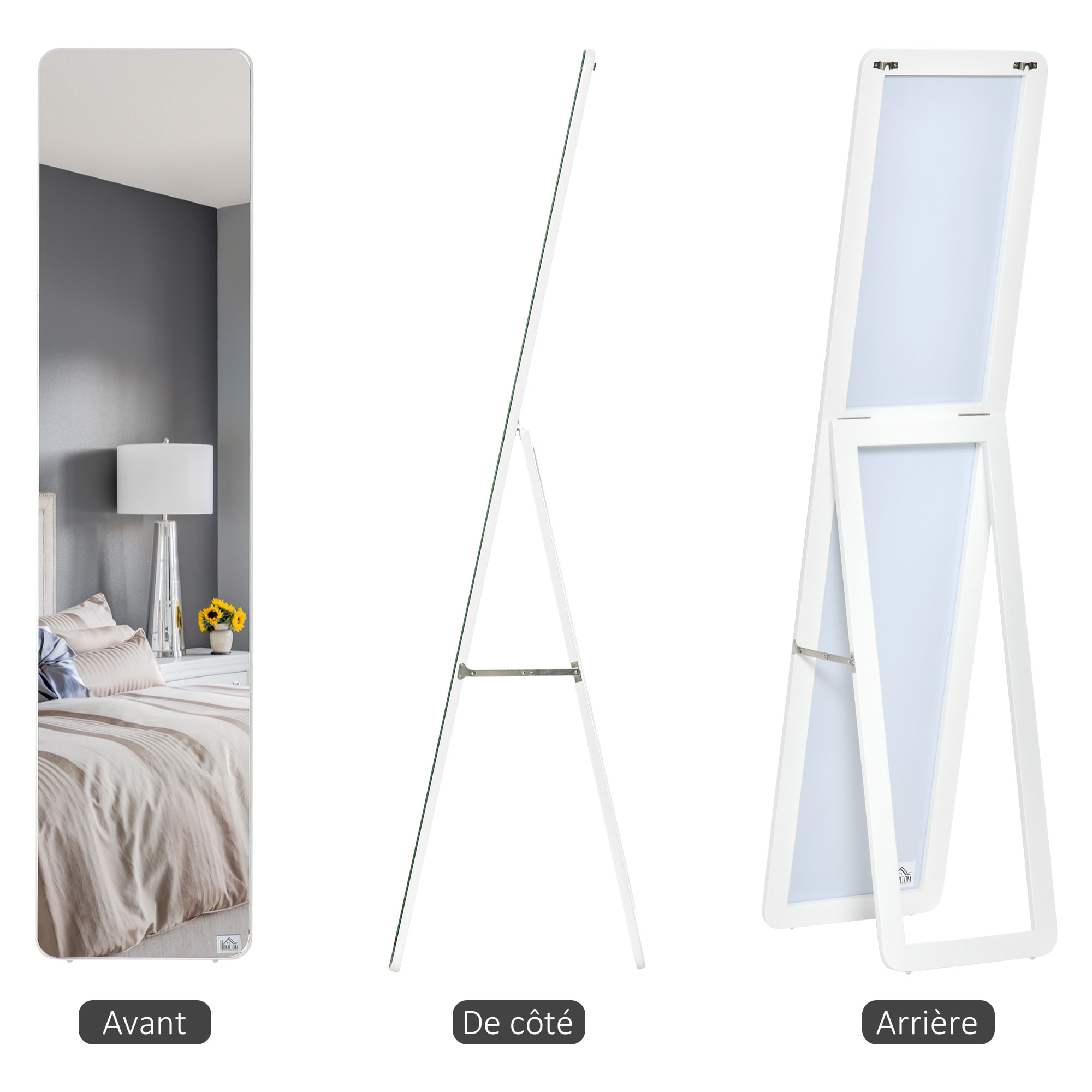 Miroir sur pied et mural rectangulaire dim. 37L x 43l x 156H cm verre MDF blanc