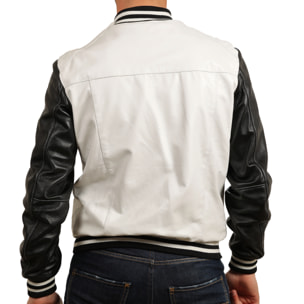 Bomber bicolore in pelle di vitello Bianco-Nero Slim Fit