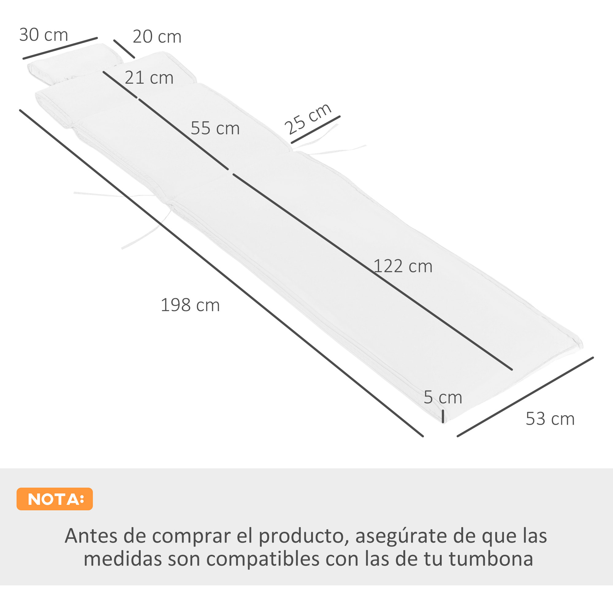 Cojín Tumbona Colchoneta para Tumbona 198x53x5cm Beige