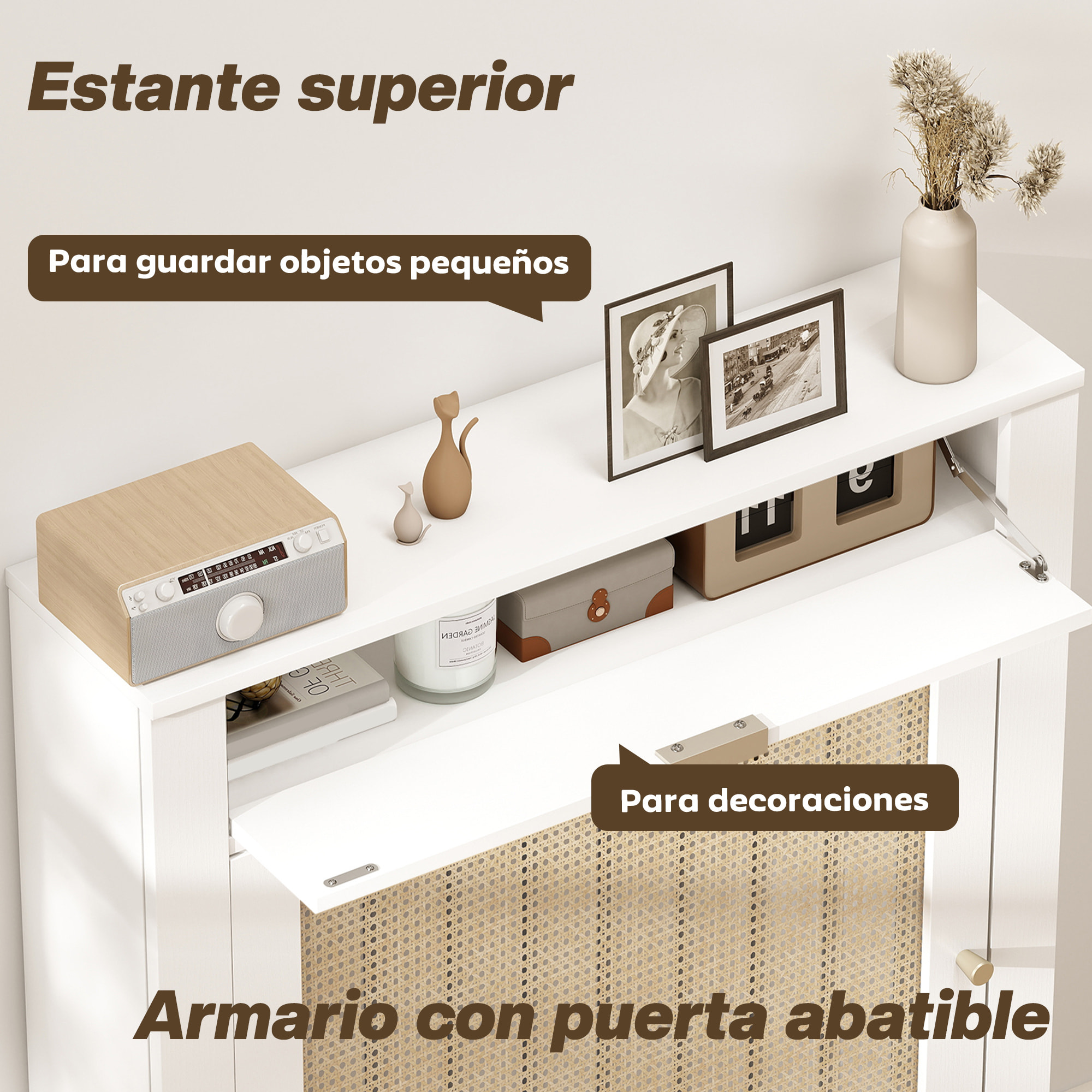 Cubre Radiadores con Puerta Abatible y Ratán, Cubreradiador de MDF, 78x19x95,5 cm, Cubierta para Radiador, Compartimento, Diseño Bohemio, para Salón, Dormitorio, Blanco