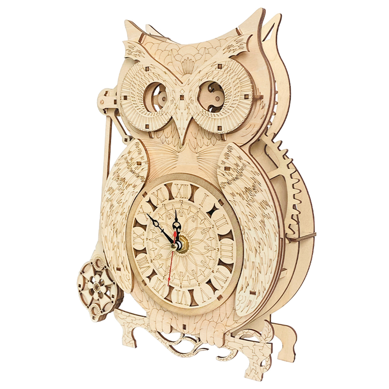 Maqueta de Madera 3D, con movimiento mecánico diseño de Reloj Búho. 106 piezas.