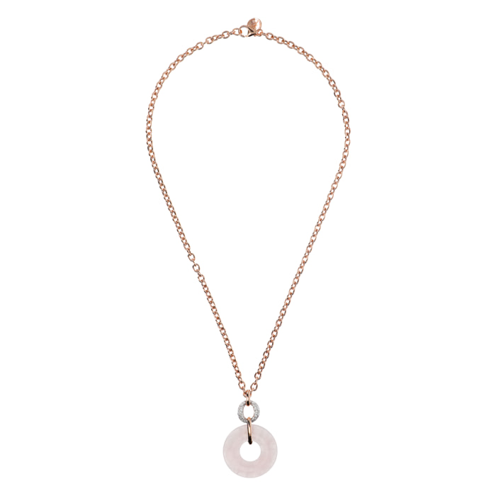 Collana Catena Rolo con Pendente Doppio Cerchio in Quarzo Rosa e Cubic Zirconia