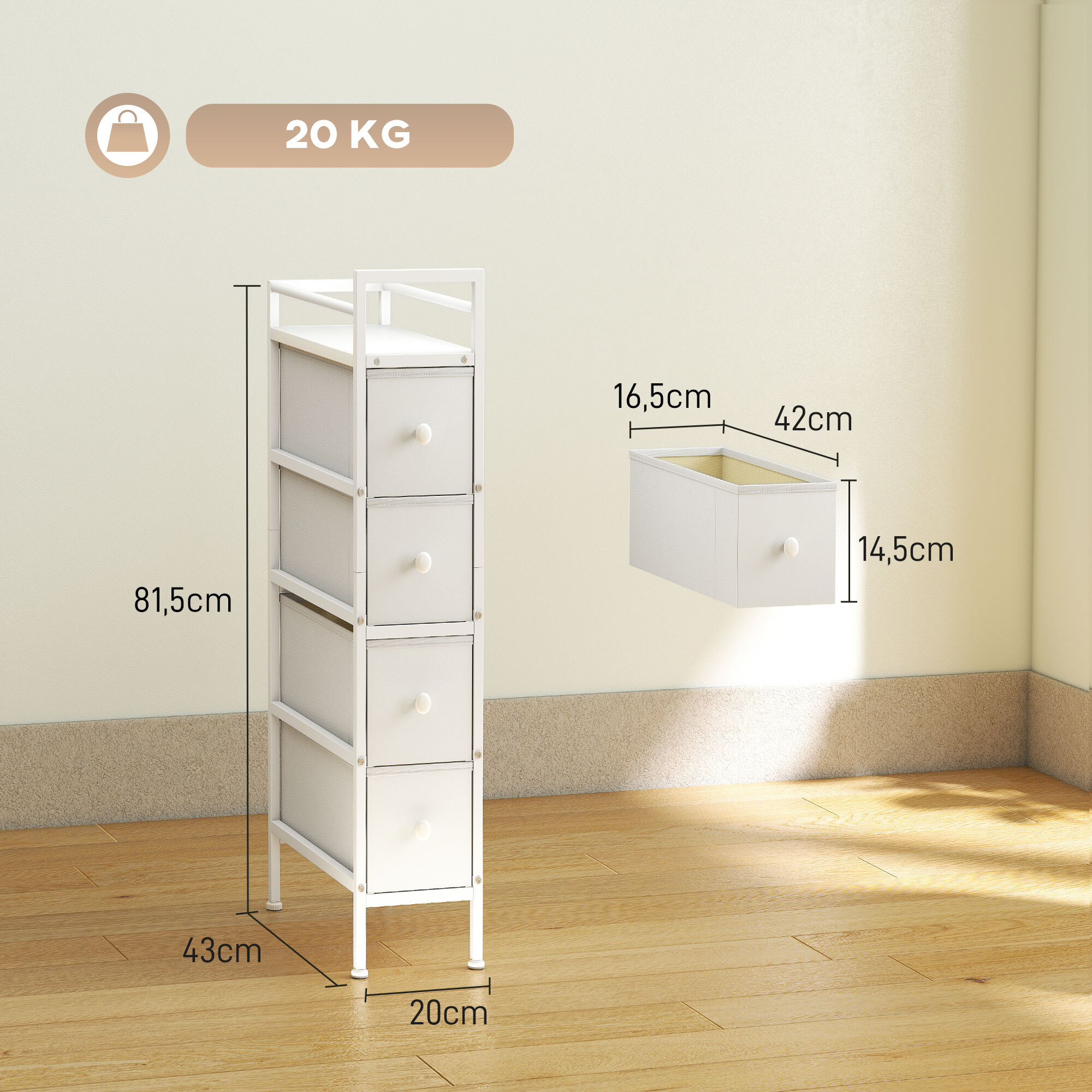 Cómoda con 4 Cajones de Tela, Cómoda para Dormitorio Estrecha con Marco de Acero, Cajonera para Espacios Pequeños, Sala de Estar, Vestidor, Baño, Blanco