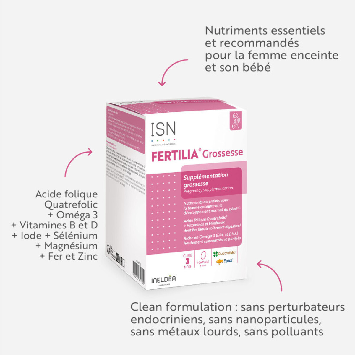 ISN - Fertilia Grossesse - Complément alimentaire à base de nutriments essentiels pour le bien-être de la femme enceinte & le développement de bébé - Riche en Omega 3 - Cure 3 mois