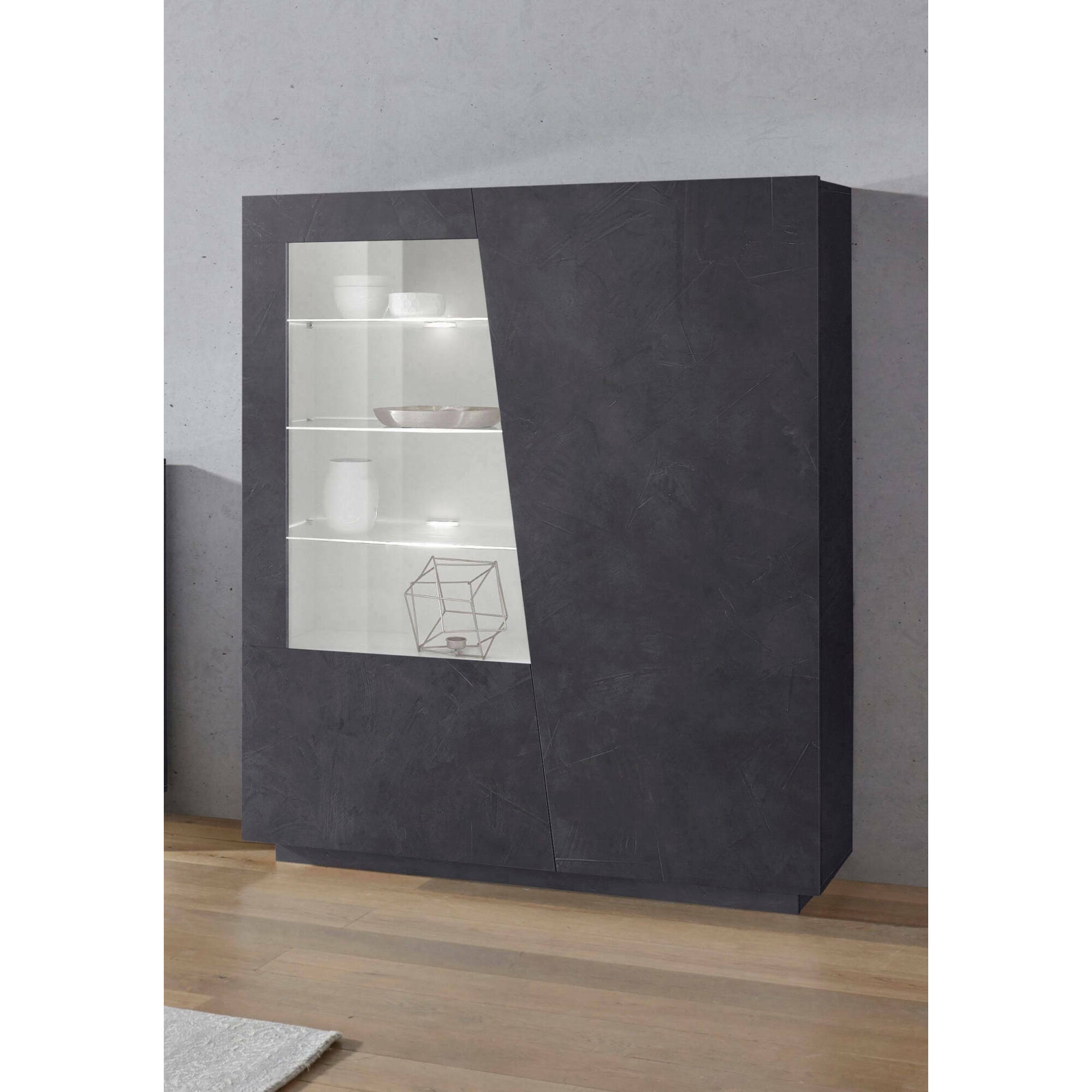 Vetrina Ask, Credenza con anta a vetro, Mobile da soggiorno multiuso con luce LED, 100% Made in Italy, cm 120x43h146, Ardesia