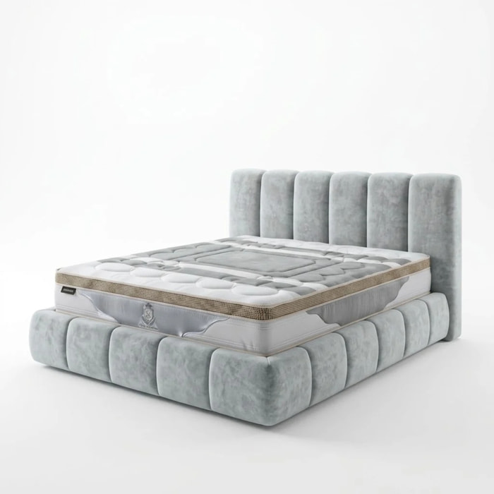 Ensemble matelas Royal XXL & lit coffre Everest | Mémoire de forme et ressorts ensachés | Grande capacité de stockage | tissu épais | Gris
