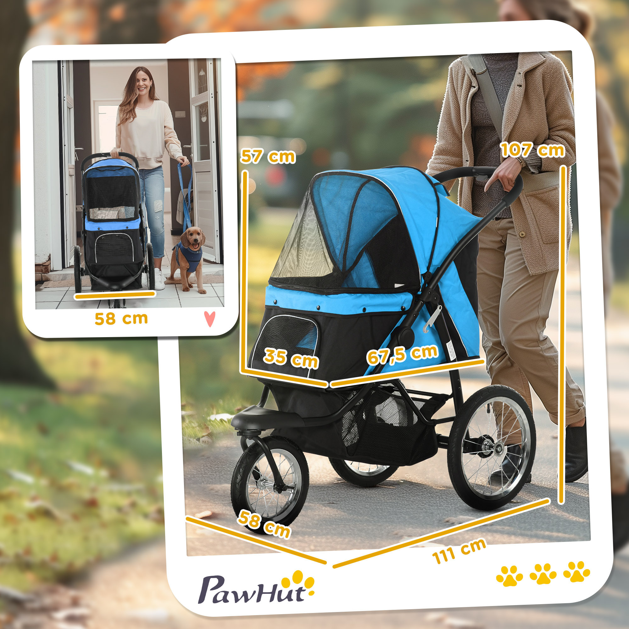 PawHut Carrito para Perros Plegable Cochecito para Mascotas Carrito para Perros Medianos Pequeños con Cesta de Almacenaje Capota Ajustable Ventana de Malla y 3 Ruedas Grandes 111x58x107 cm Azul