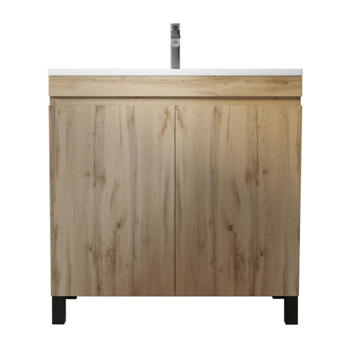Meuble de salle de bains 80cm 2 Portes_Chêne Naturel + Vasque céramique blanche - TIMBER 80