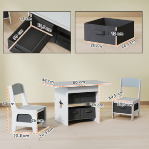 Mesa Infantil con 2 Sillas, Mesa y Sillas Infantil con 6 Cajones de Tela, Diseño Estrellas, para Niños y Niñas de 3-8 Años, para Hogar, Guardería, Aulas, Gris Claro