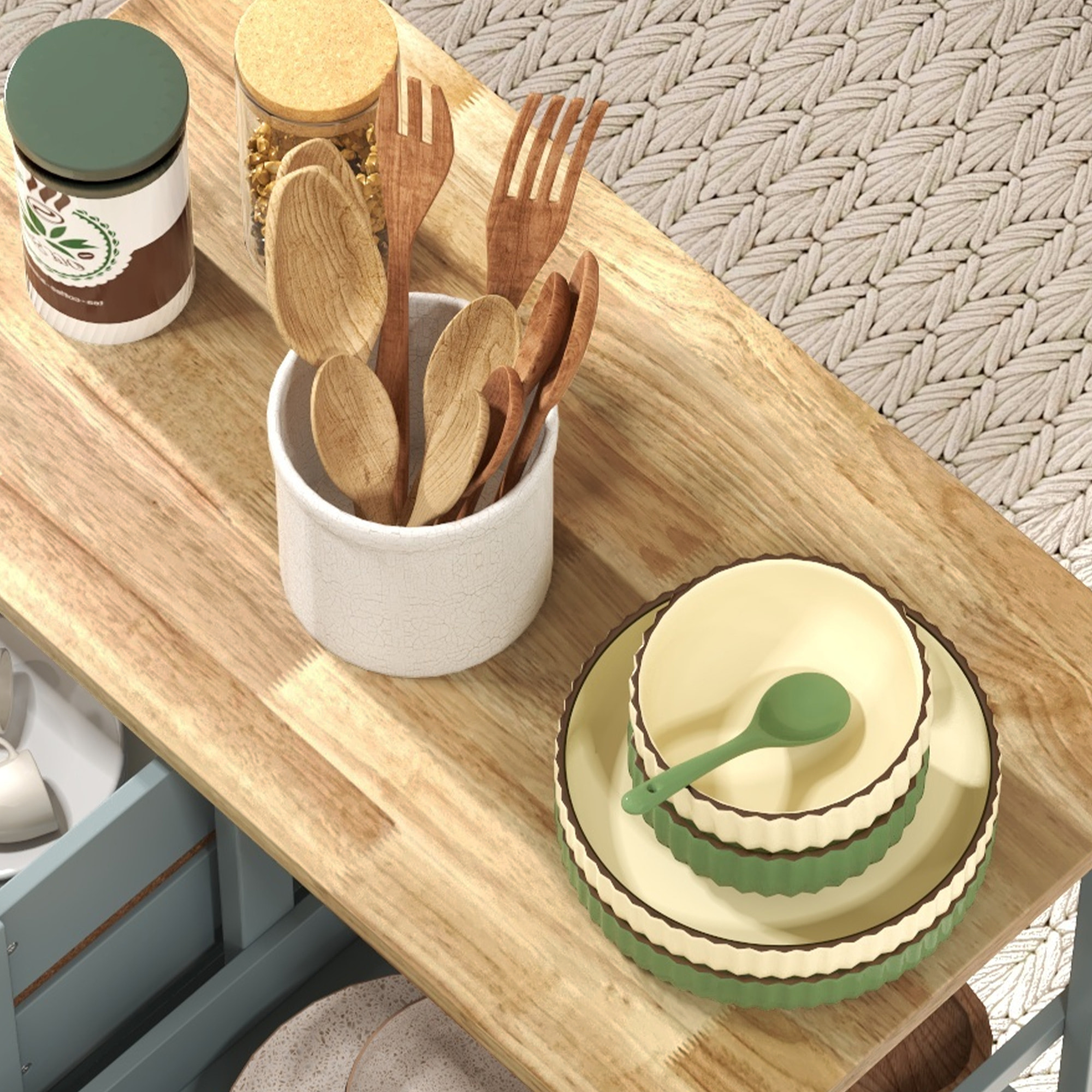 Carro de Cocina Carrito Auxiliar con Ruedas Tablero de Madera 3 Cajones 2 Estantes Abiertos y Bandeja Extraíble para Comedor Salón 67x37x85,5 cm Gris