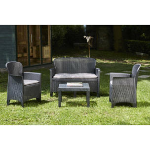 Set salotto da esterno Ostuni, Set da giardino con 2 poltrone, 1 divano ed 1 tavolino, Salottino effetto rattan con cuscini, 100% Made in Italy, Antracite