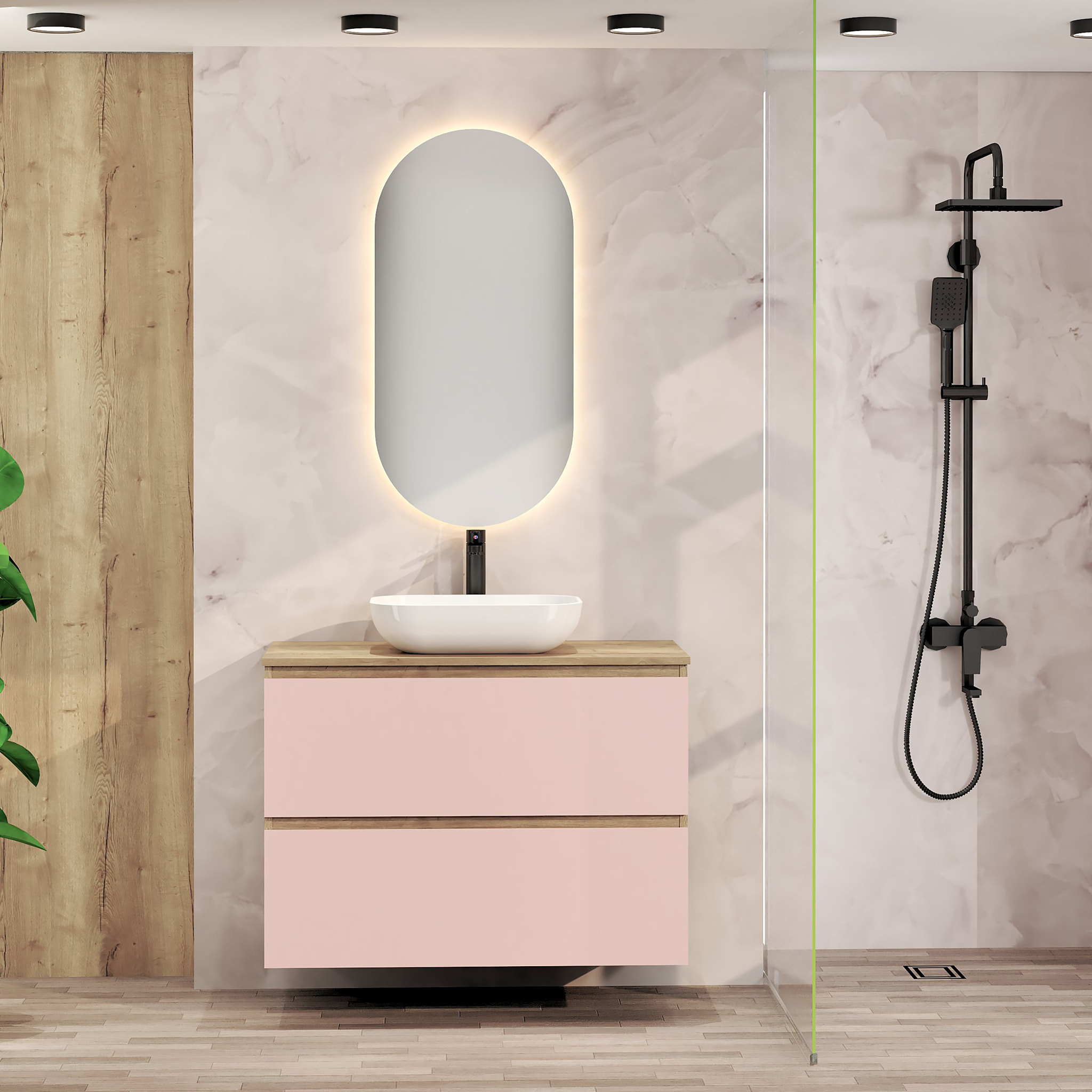 Ensemble de Salle de Bain Nia | Meuble Suspendu | 90 cm Rose | Deux Tiroirs |Lavabo sur Plan | Miroir non inclus | Meuble Monté | Alday