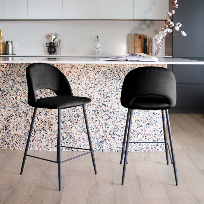 Lot de 2 chaises pour îlot central 65 cm en velours noir - Pénélope