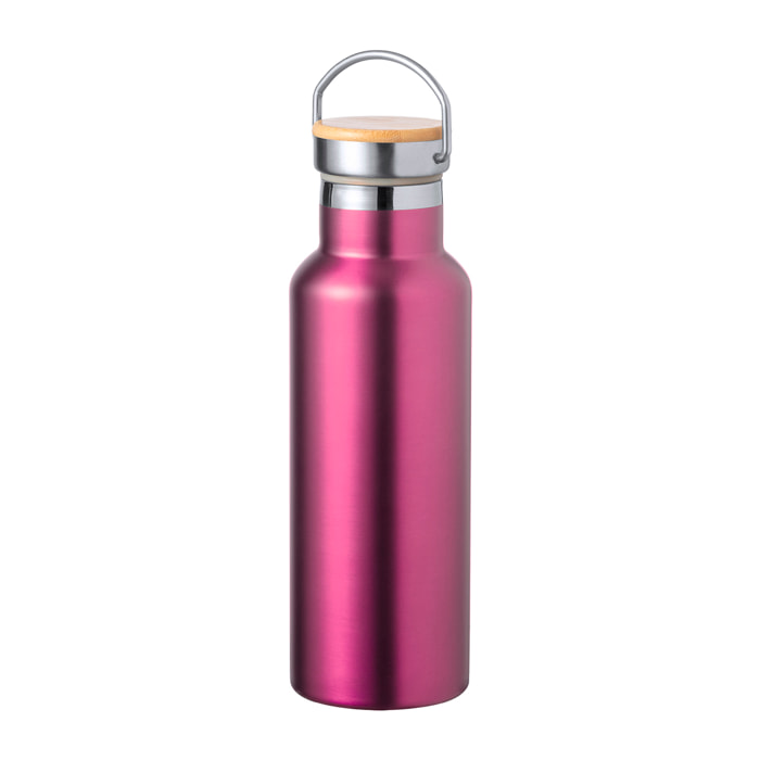 Bidón térmico de 500 ml de capacidad en acero inox de doble pared. Incluye tapón a rosca y asa integrada.