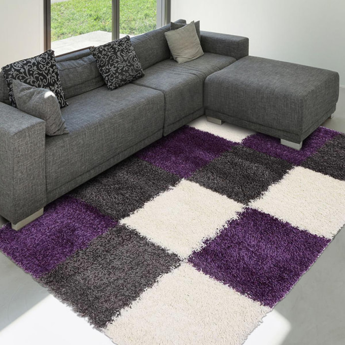 Tapis longs poils shaggy tissé motif damier BIDO