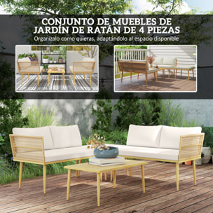 Conjunto de Jardín Exterior de Ratán Sintético de 4 Piezas Muebles de Jardín Exterior Sofá Esquinero Incluye 2 Sofás de 2 Plazas 1 Reposapiés 1 Mesa de Centro con Cojines Natural