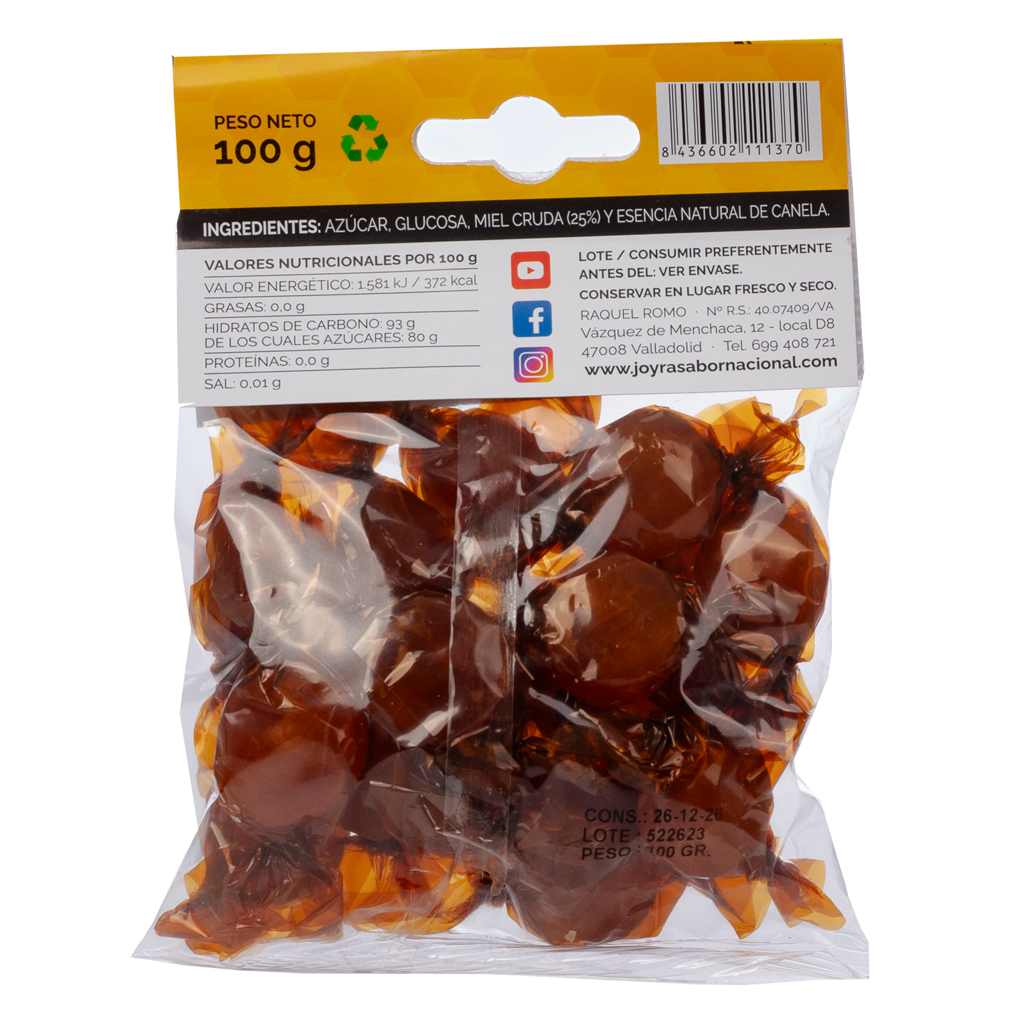 Caramelos de miel con canela, 100gr. Con miel cruda y hechos con ingredientes 100% naturales.