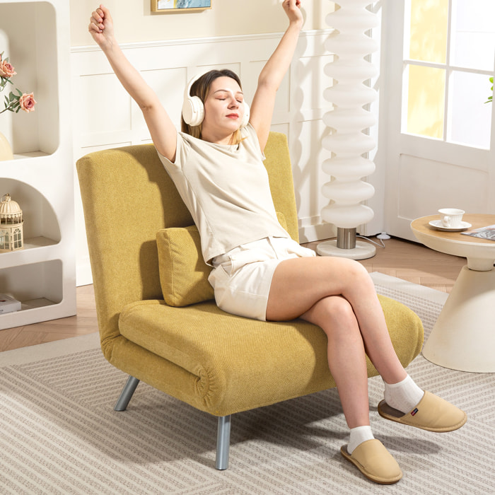 Sofá Cama de 1 Plazas 3 en 1 Sillón Cama Plegable Tapizado en Chenilla con Respaldo Ajustable de 5 Niveles y Almohada Acolchada para Oficina Dormitorio Salón 80x75x83 cm Amarillo