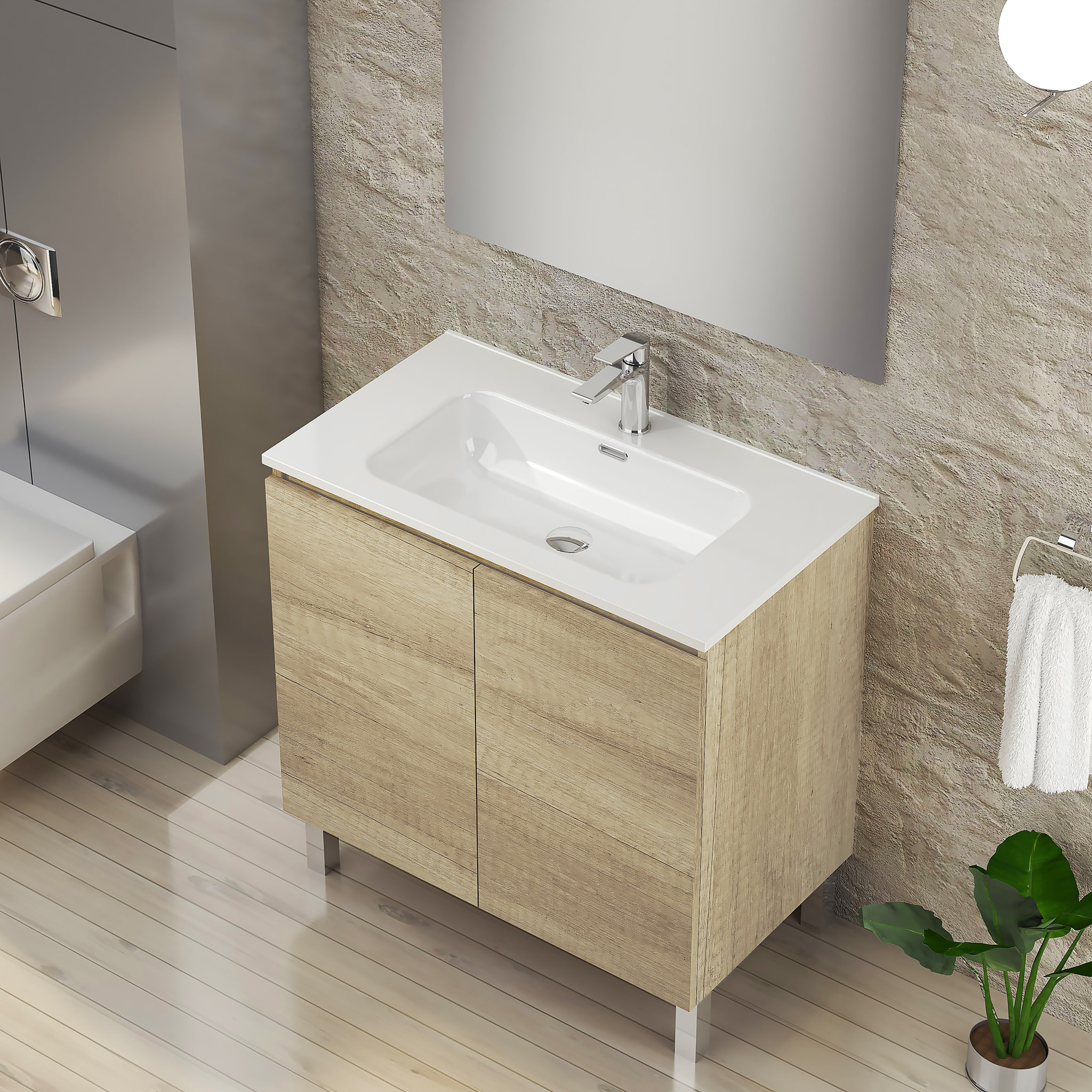 Conjunto de Baño Lust | 80 cm Nature | Dos Puertas | Lavabo Encastrado | No incluye Espejo | Mueble Montado | Alday