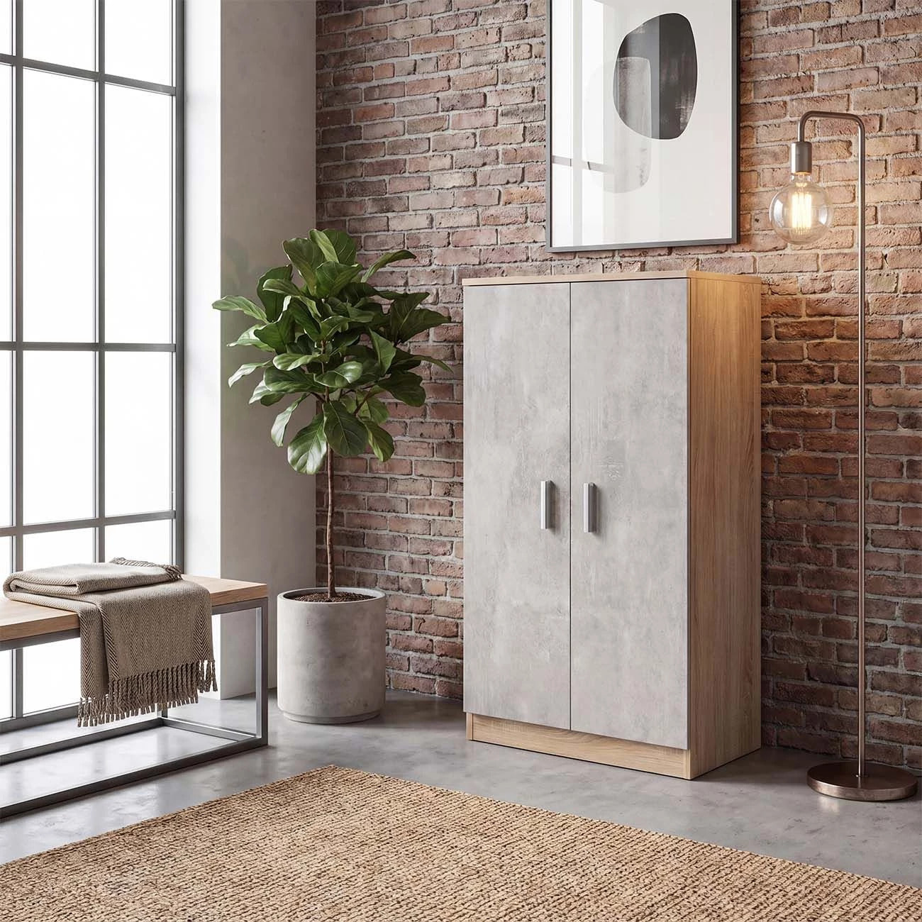 Zapatero de 2 puertas en roble canadian y gris cemento 55x108 cm Liam Roble Canadian - Gris Cemento