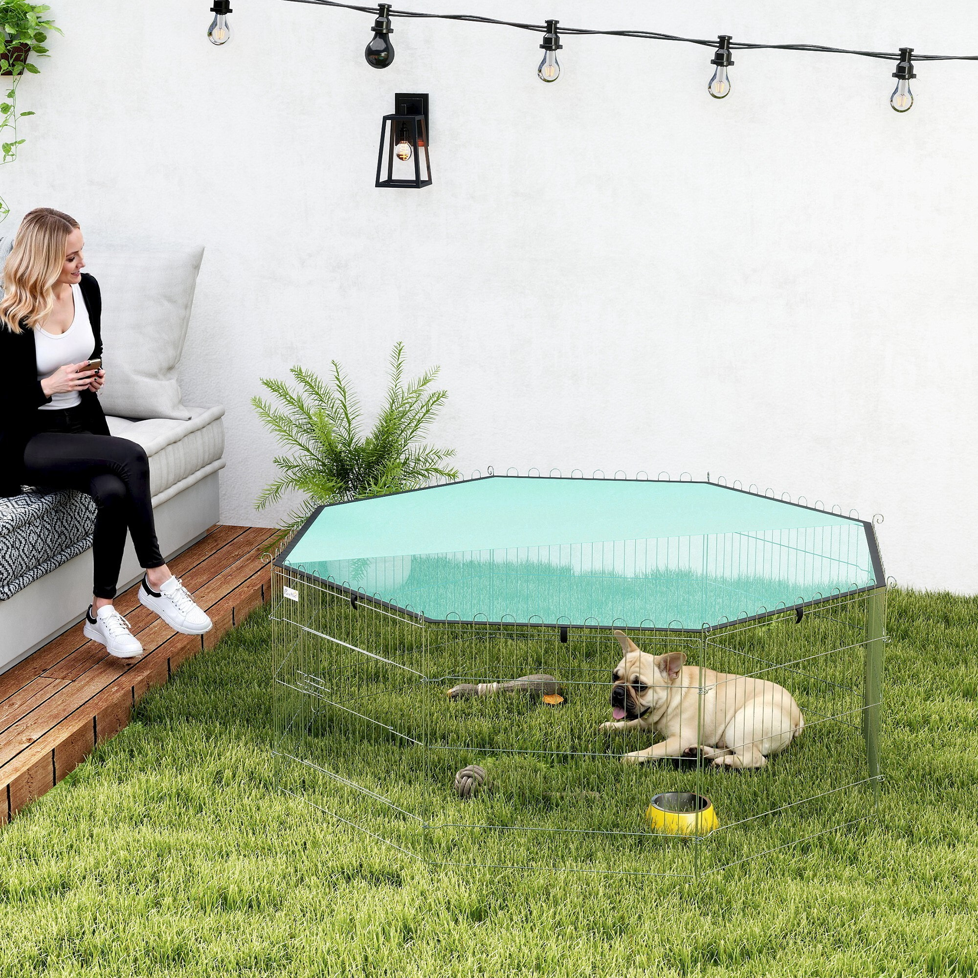 Parc pour chien 8 panneaux - avec toit, modulable et pliable - 60H cm - avec porte - intérieur et extérieur - argent vert