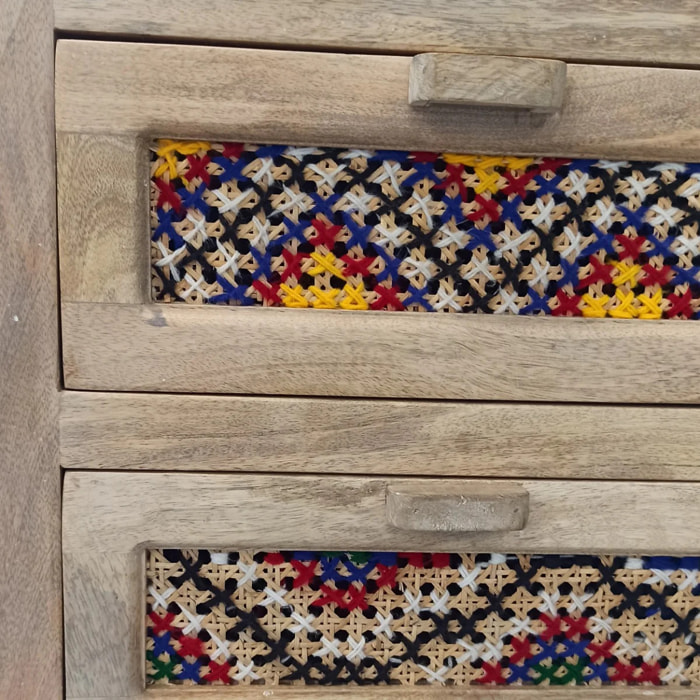 Table de chevet 2 tiroirs en manguier et cannage coloré - Massaï