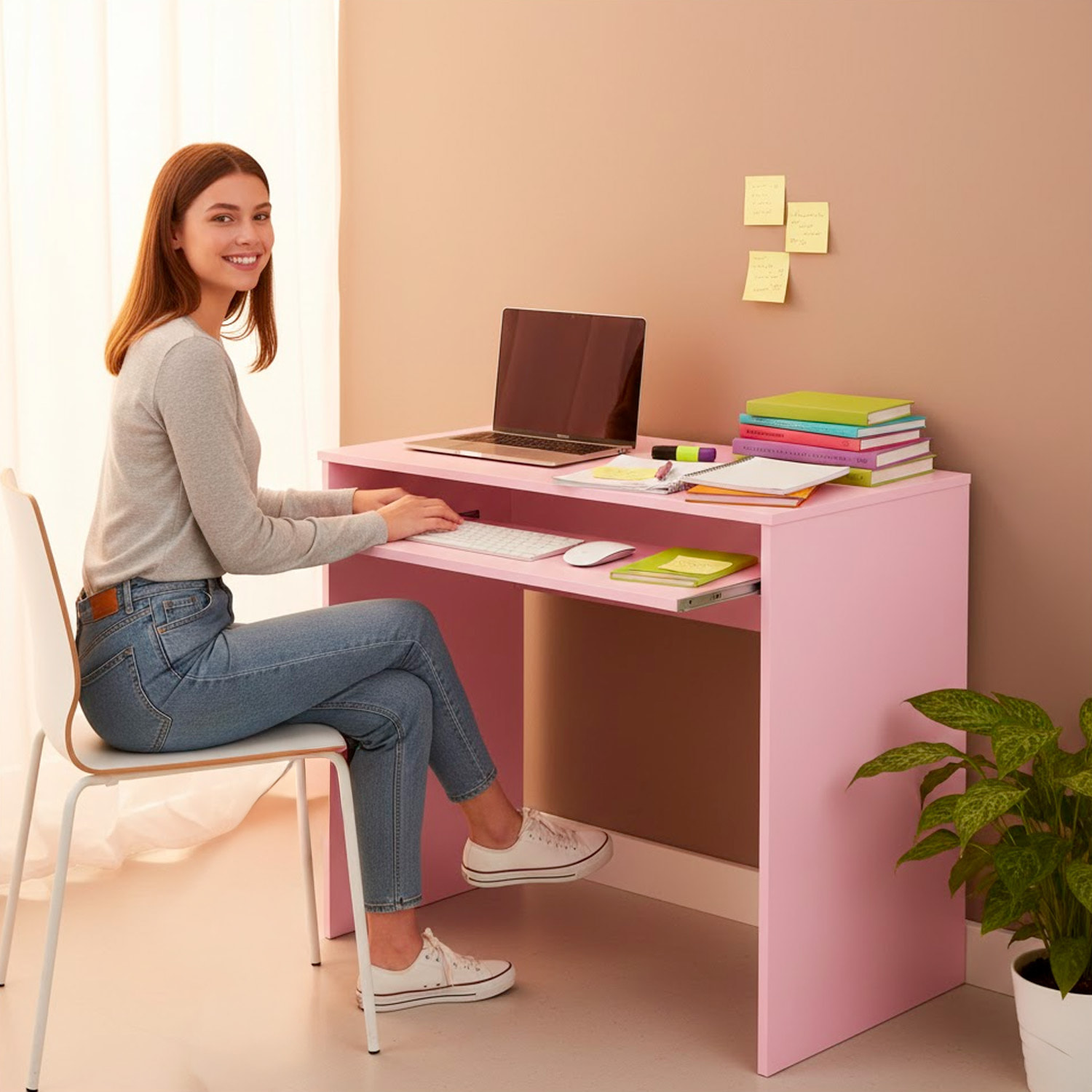 Scrivania Per Cameretta Postazione Desk PC Studio Ufficio Design Moderno Piano Scorrevole Piedini ABS Per Studio Compiti E Lavoro 90 x 54 x 79 Cm Rosa