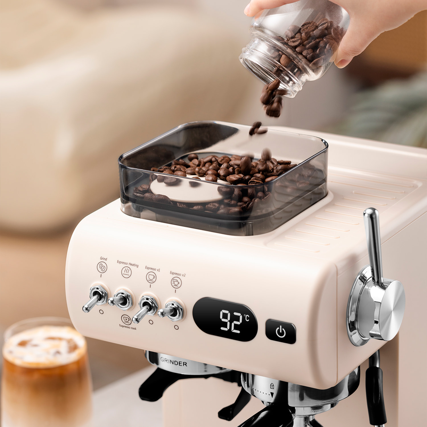 Cafetera de 1350W con 20 niveles de molido, extracción dual para café caliente y frío, vapor potente, tanque 1,8L y 20bar.