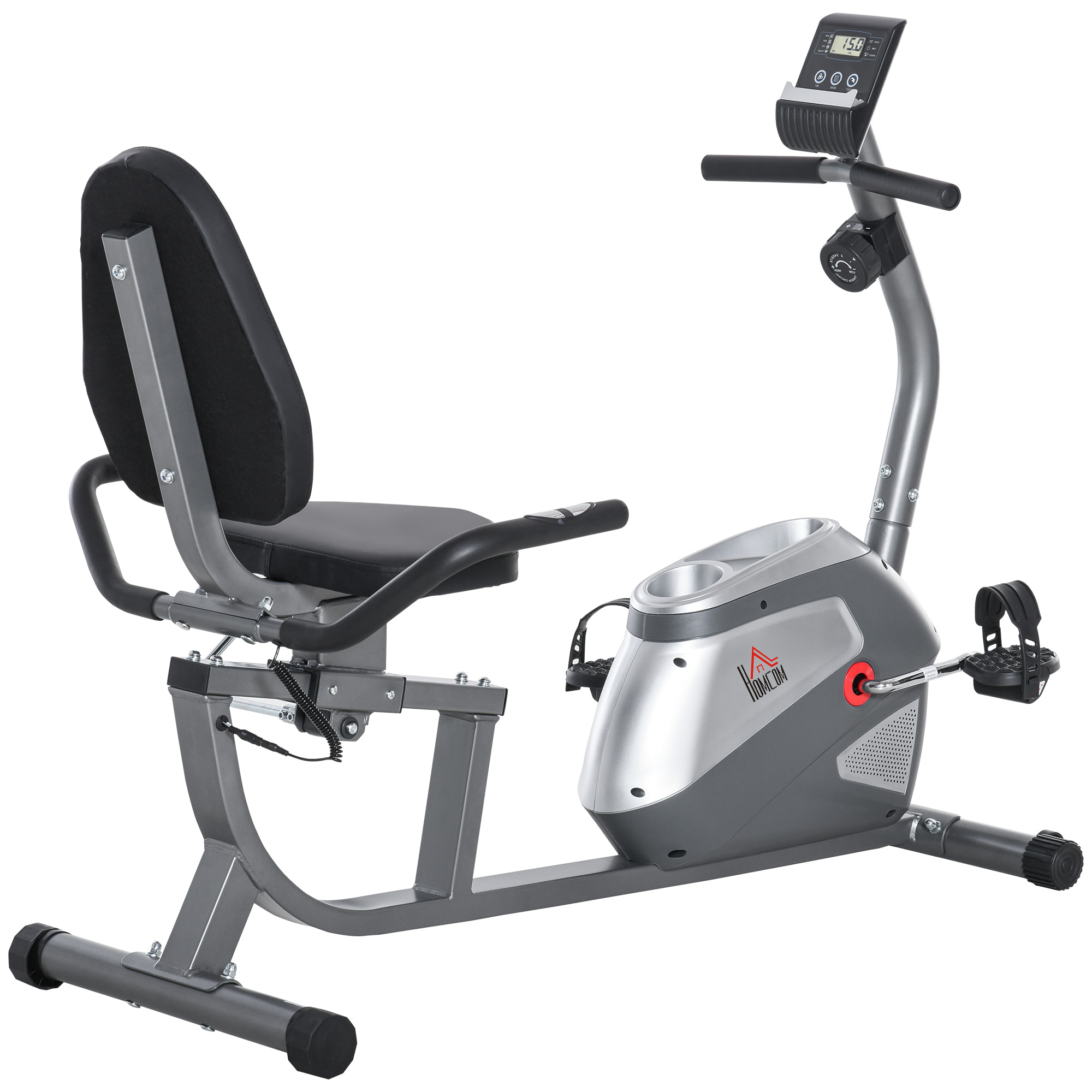 Bicicleta Estática con Respaldo, 8 Niveles Resistencia Magnética, Bicicleta Estática para Casa, con Volante, Asiento Ajustable, Monitor LCD, Pulsómetro, Soporte de Teléfono y Ruedas, Gris