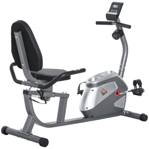Bicicleta Estática con Respaldo, 8 Niveles Resistencia Magnética, Bicicleta Estática para Casa, con Volante, Asiento Ajustable, Monitor LCD, Pulsómetro, Soporte de Teléfono y Ruedas, Gris