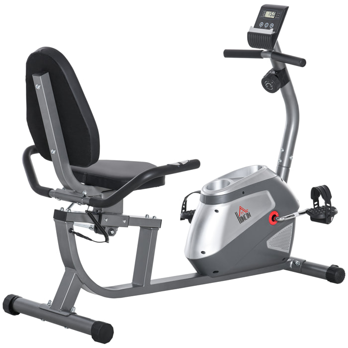 Bicicleta Estática con Respaldo, 8 Niveles Resistencia Magnética, Bicicleta Estática para Casa, con Volante, Asiento Ajustable, Monitor LCD, Pulsómetro, Soporte de Teléfono y Ruedas, Gris