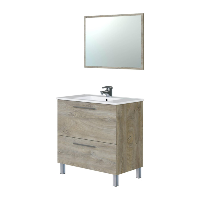 Mobile sottolavabo Hayward, Mobiletto per bagno, Armadio a 2 cassetti e specchio, lavabo non incluso, cm 80x45h80, Rovere