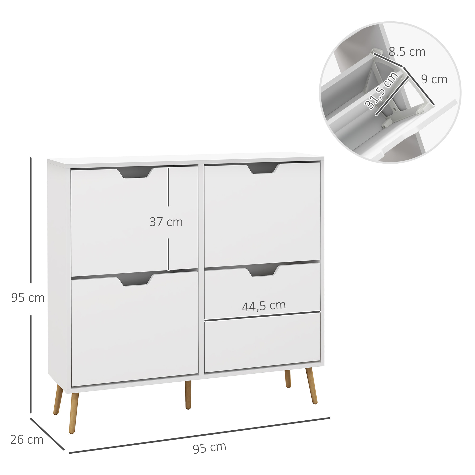 Zapatero Estrecho con 4 Cajones Abatibles, Zapatero Entrada Recibidor con Patas de Madera y Estantes Ajustables, para 16 Pares de Zapatos, para Pasillo, 95x26x95 cm, Blanco