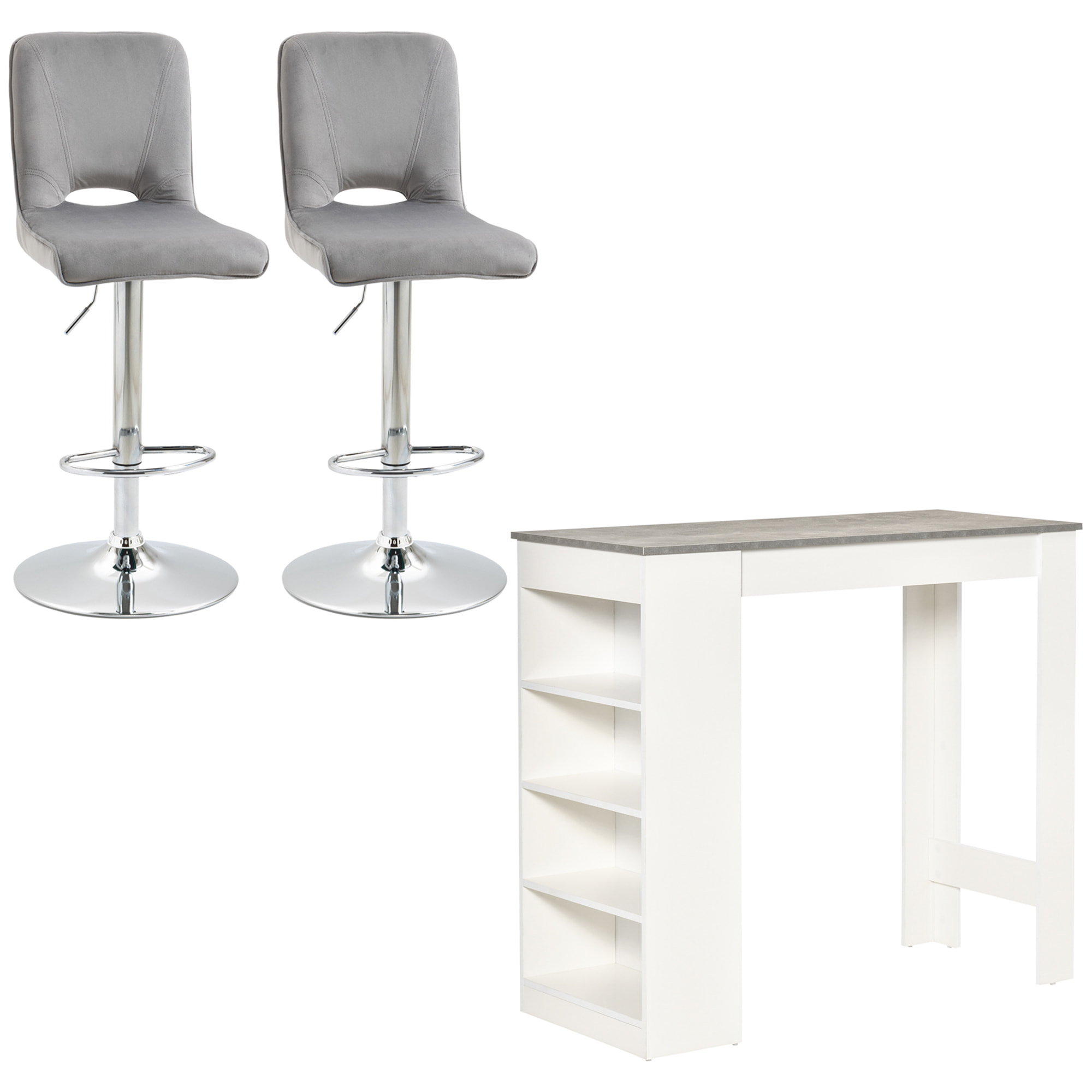 Conjunto de 2 Taburetes de Bar con Altura Regulable y Asiento Giratoria y Mesa de Bar con Estantería de 4 Niveles para Salón Comedor Cocina 41x51x97-117 cm 115x50x102,7 cm Blanco y Gris